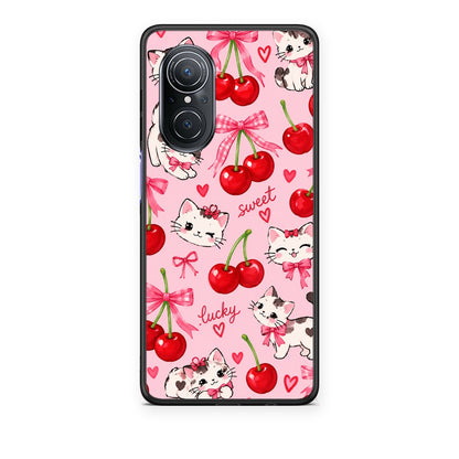 Θήκη Huawei Nova 9 SE Cherries Bows and Kittens on Pink από τη Smartfits με σχέδιο στο πίσω μέρος και μαύρο περίβλημα | Huawei Nova 9 SE Cherries Bows and Kittens on Pink case with colorful back and black bezels