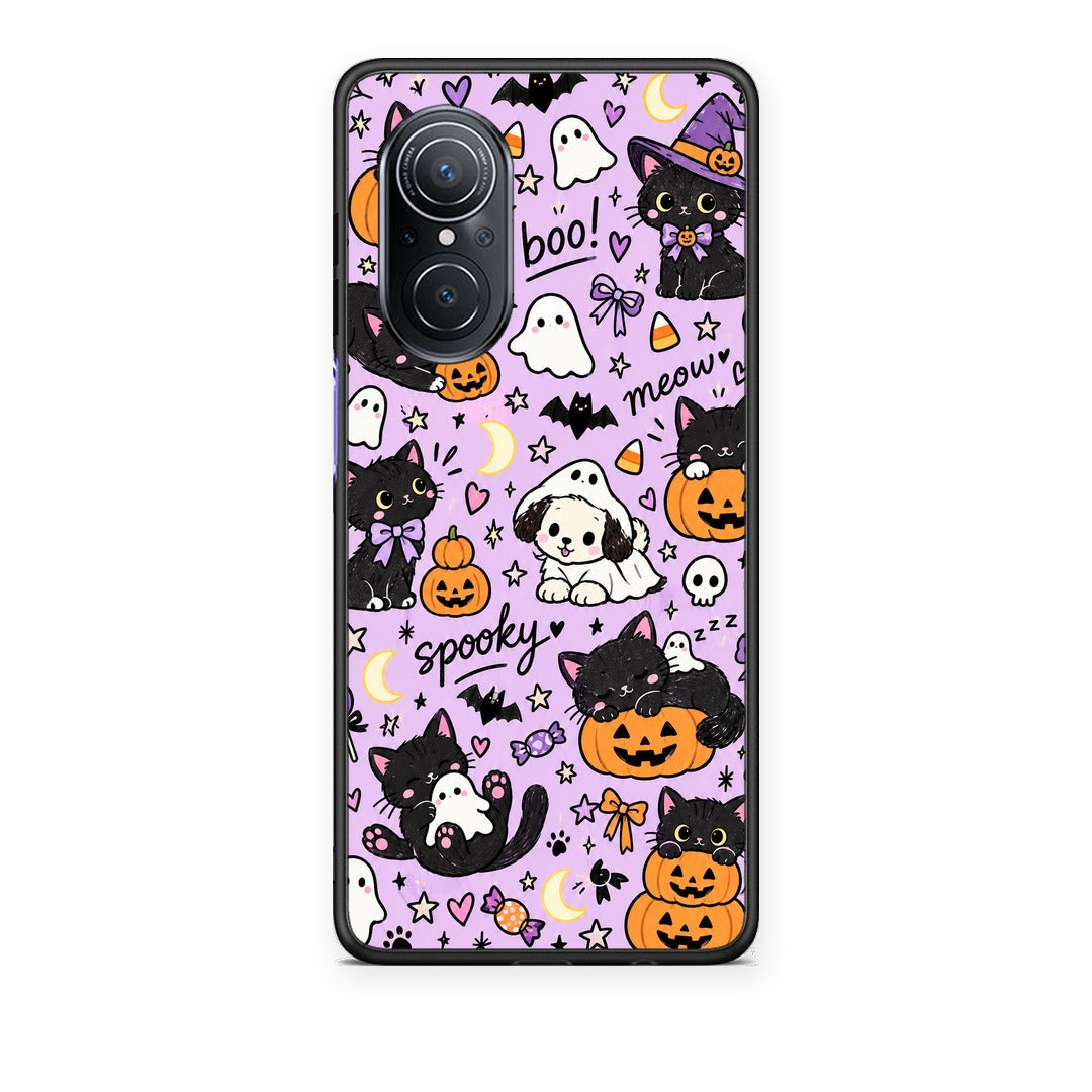 Θήκη Huawei Nova 9 SE Halloween Black Cats on Lilac από τη Smartfits με σχέδιο στο πίσω μέρος και μαύρο περίβλημα | Huawei Nova 9 SE Halloween Black Cats on Lilac case with colorful back and black bezels