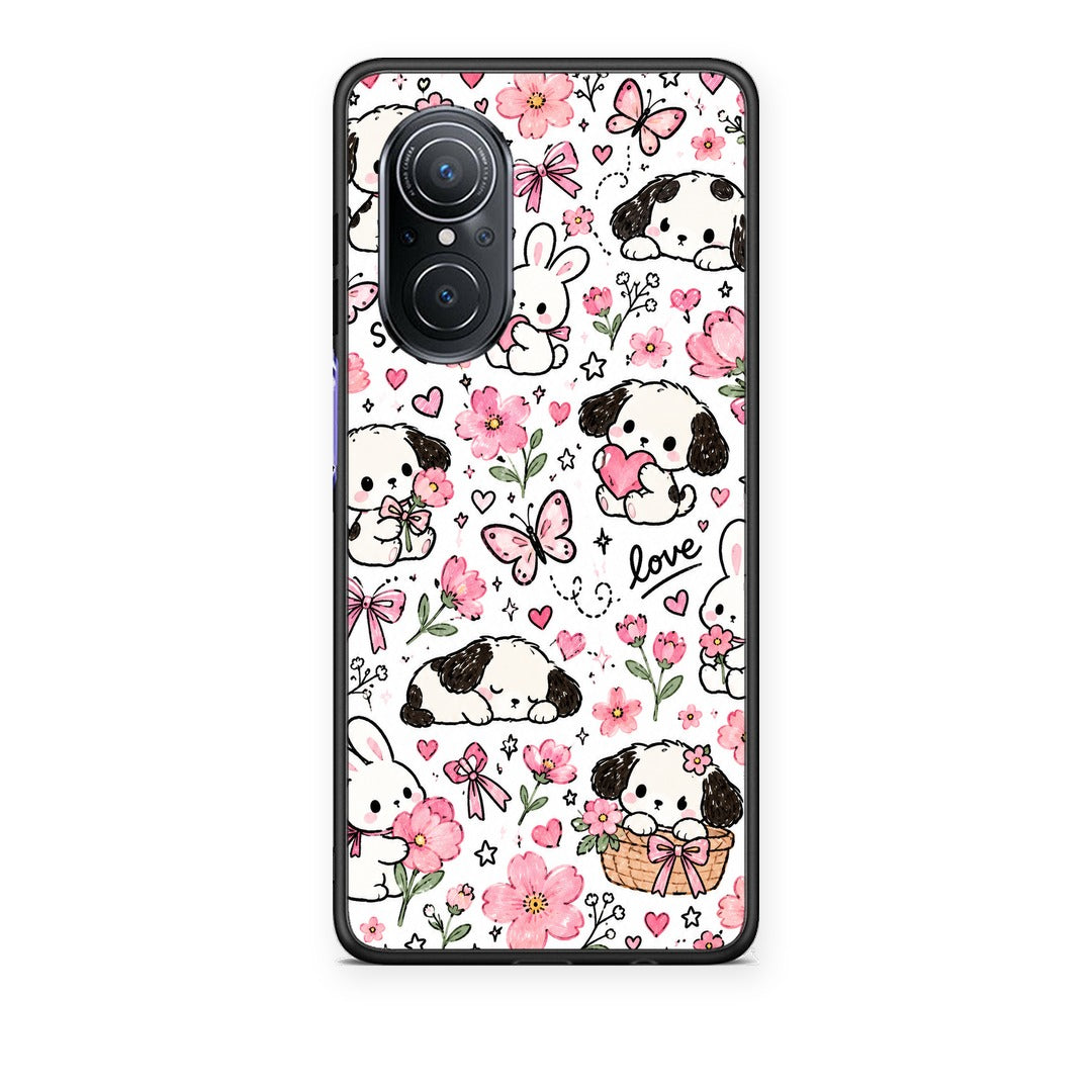 Θήκη Huawei Nova 9 SE Pink Florals Puppies and Bunnies on White από τη Smartfits με σχέδιο στο πίσω μέρος και μαύρο περίβλημα | Huawei Nova 9 SE Pink Florals Puppies and Bunnies on White case with colorful back and black bezels
