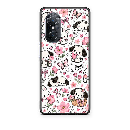 Θήκη Huawei Nova 9 SE Pink Florals Puppies and Bunnies on White από τη Smartfits με σχέδιο στο πίσω μέρος και μαύρο περίβλημα | Huawei Nova 9 SE Pink Florals Puppies and Bunnies on White case with colorful back and black bezels