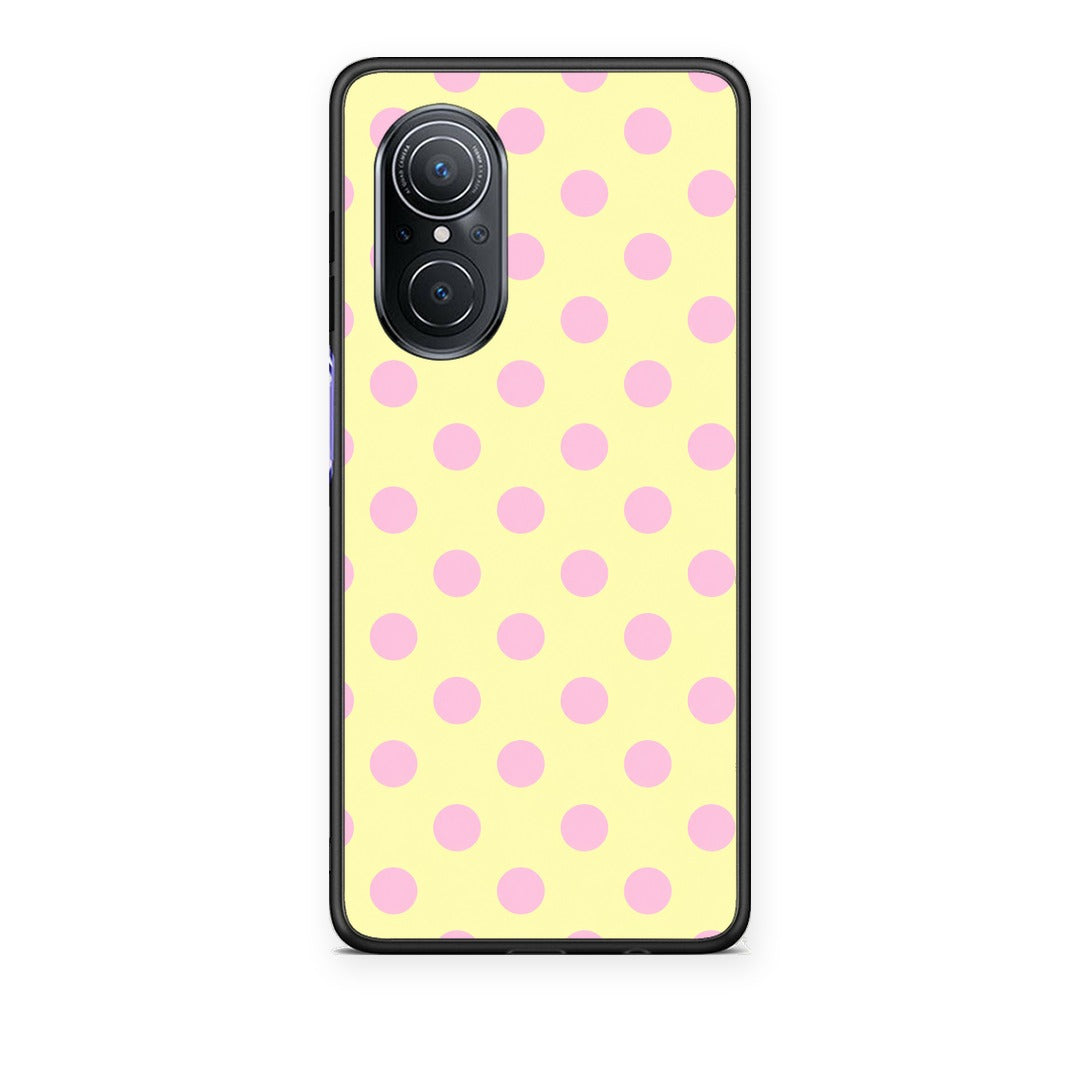 Θήκη Huawei Nova 9 SE Pink Polka Dots on Yellow από τη Smartfits με σχέδιο στο πίσω μέρος και μαύρο περίβλημα | Huawei Nova 9 SE Pink Polka Dots on Yellow case with colorful back and black bezels