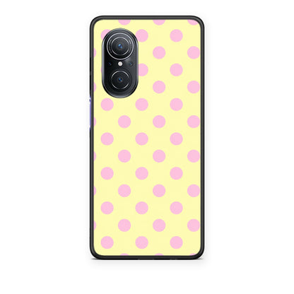 Θήκη Huawei Nova 9 SE Pink Polka Dots on Yellow από τη Smartfits με σχέδιο στο πίσω μέρος και μαύρο περίβλημα | Huawei Nova 9 SE Pink Polka Dots on Yellow case with colorful back and black bezels