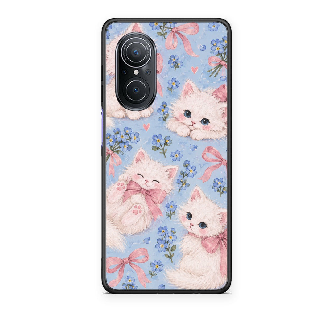 Θήκη Huawei Nova 9 SE White Kittens and Blue Flowers Large από τη Smartfits με σχέδιο στο πίσω μέρος και μαύρο περίβλημα | Huawei Nova 9 SE White Kittens and Blue Flowers Large case with colorful back and black bezels