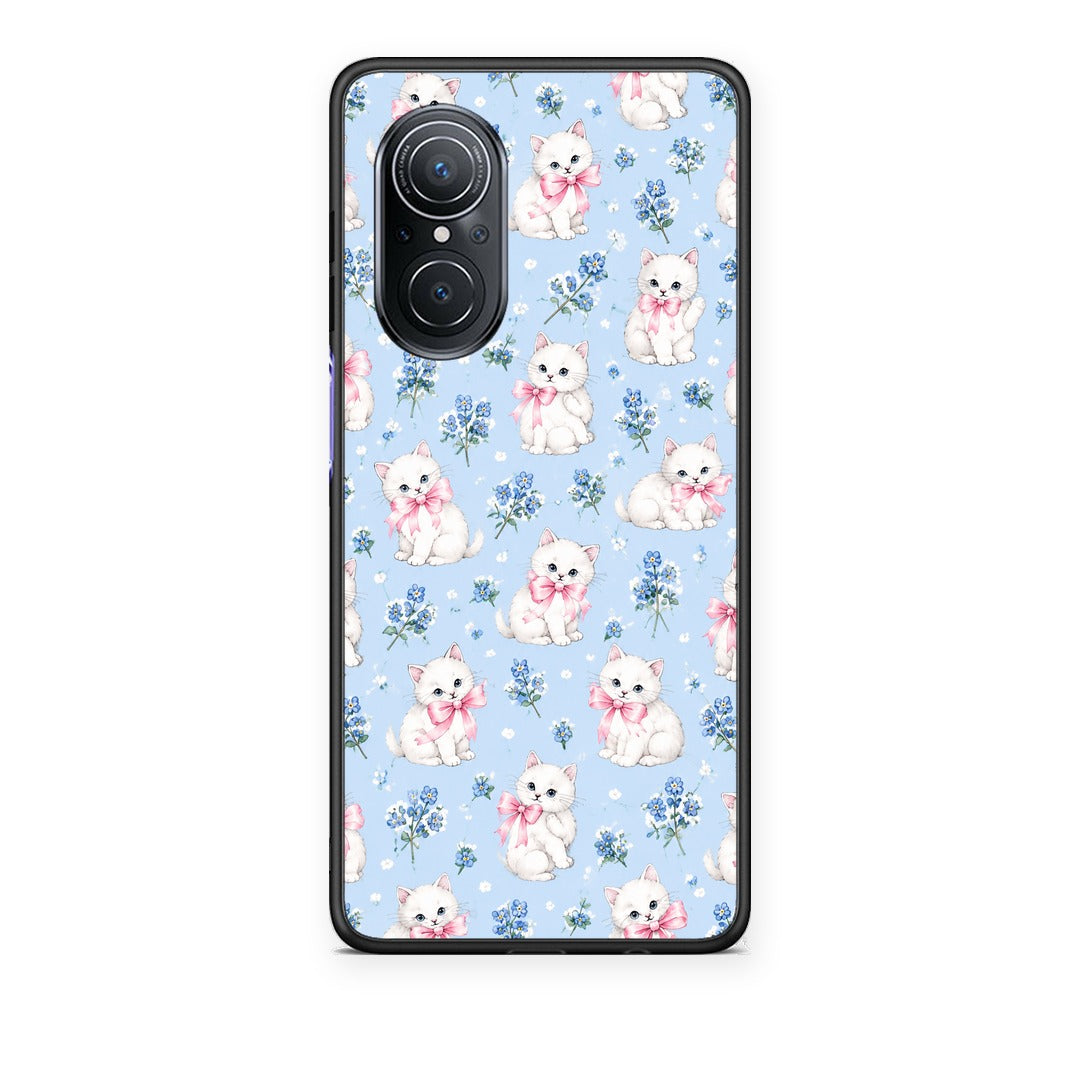 Θήκη Huawei Nova 9 SE White Kittens and Blue Flowers Small από τη Smartfits με σχέδιο στο πίσω μέρος και μαύρο περίβλημα | Huawei Nova 9 SE White Kittens and Blue Flowers Small case with colorful back and black bezels