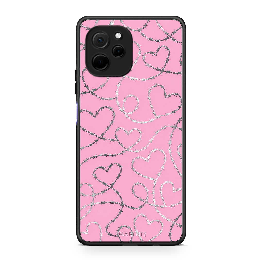 Θήκη Huawei Nova Y61 Barbed Wire Hearts on Pink από τη Smartfits με σχέδιο στο πίσω μέρος και μαύρο περίβλημα | Huawei Nova Y61 Barbed Wire Hearts on Pink case with colorful back and black bezels