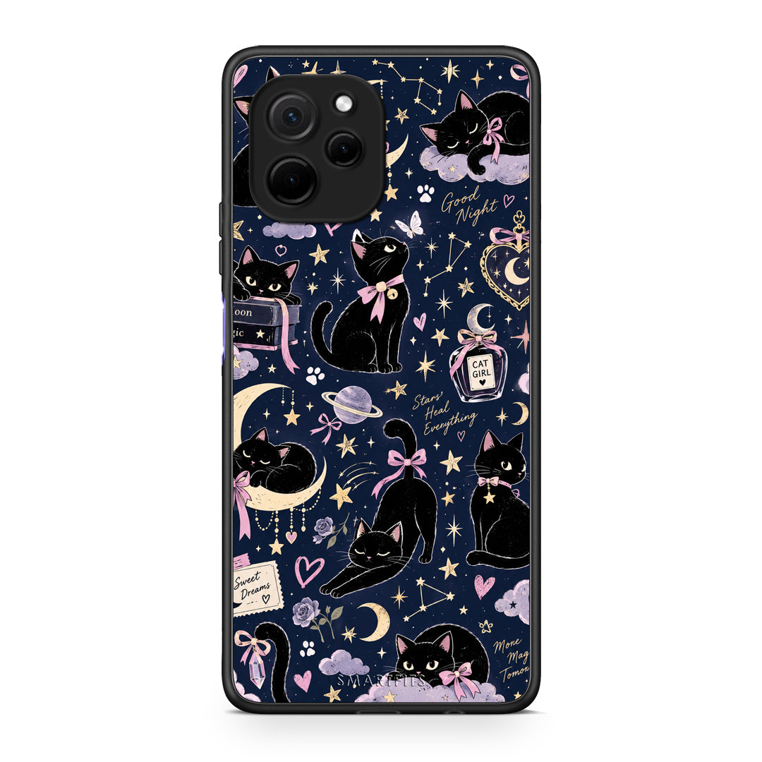 Θήκη Huawei Nova Y61 Celestial Black Cats on Navy από τη Smartfits με σχέδιο στο πίσω μέρος και μαύρο περίβλημα | Huawei Nova Y61 Celestial Black Cats on Navy case with colorful back and black bezels