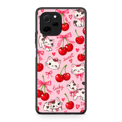 Θήκη Huawei Nova Y61 Cherries Bows and Kittens on Pink από τη Smartfits με σχέδιο στο πίσω μέρος και μαύρο περίβλημα | Huawei Nova Y61 Cherries Bows and Kittens on Pink case with colorful back and black bezels