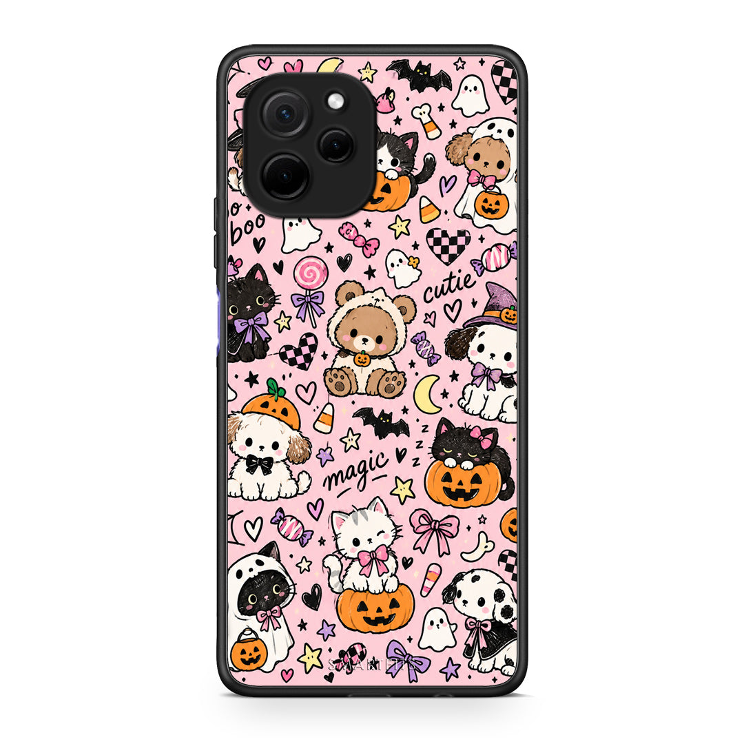 Θήκη Huawei Nova Y61 Halloween Cute Animals on Pink από τη Smartfits με σχέδιο στο πίσω μέρος και μαύρο περίβλημα | Huawei Nova Y61 Halloween Cute Animals on Pink case with colorful back and black bezels