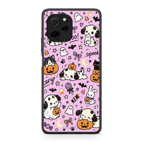 Θήκη Huawei Nova Y61 Halloween Puppies and Friends on Lilac από τη Smartfits με σχέδιο στο πίσω μέρος και μαύρο περίβλημα | Huawei Nova Y61 Halloween Puppies and Friends on Lilac case with colorful back and black bezels