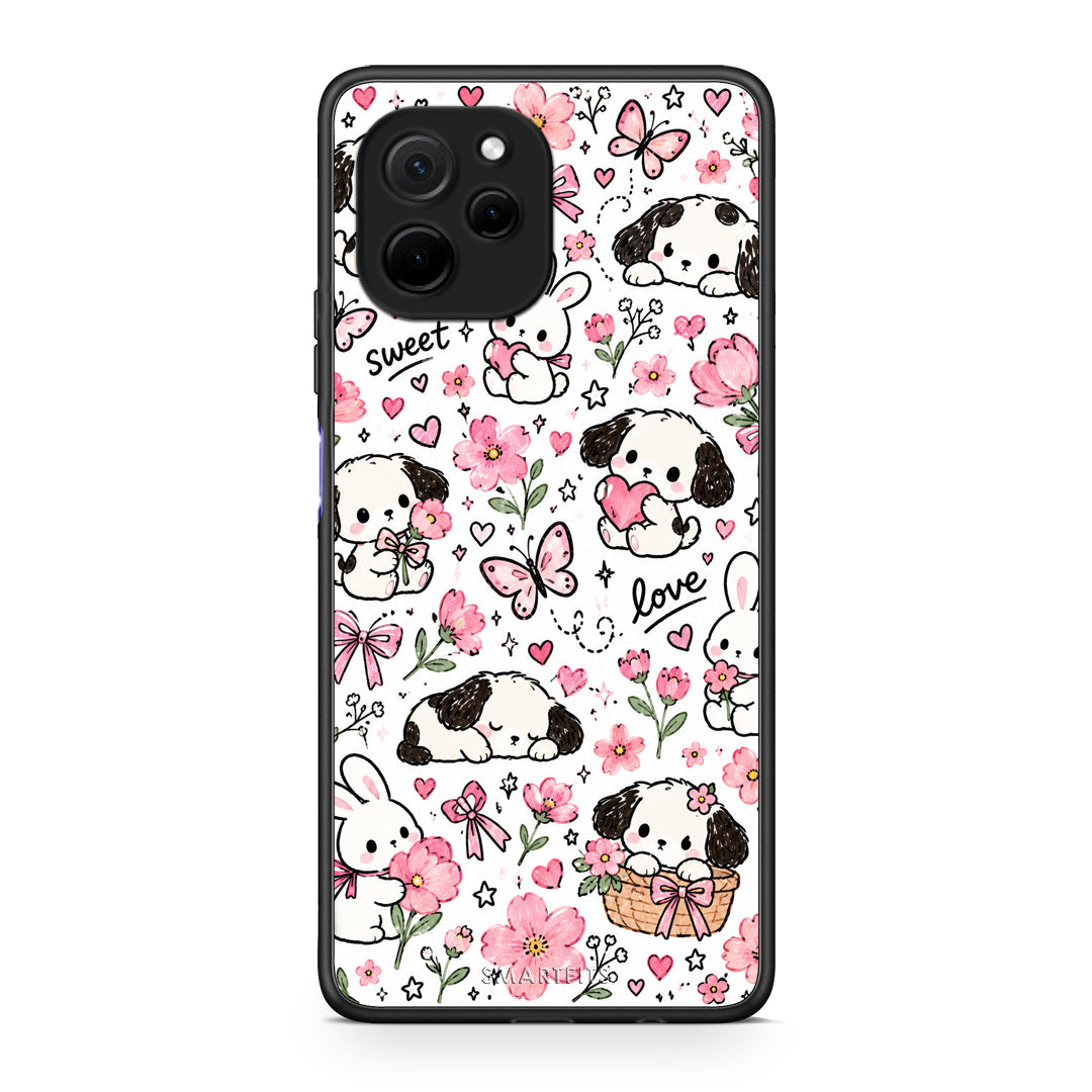 Θήκη Huawei Nova Y61 Pink Florals Puppies and Bunnies on White από τη Smartfits με σχέδιο στο πίσω μέρος και μαύρο περίβλημα | Huawei Nova Y61 Pink Florals Puppies and Bunnies on White case with colorful back and black bezels