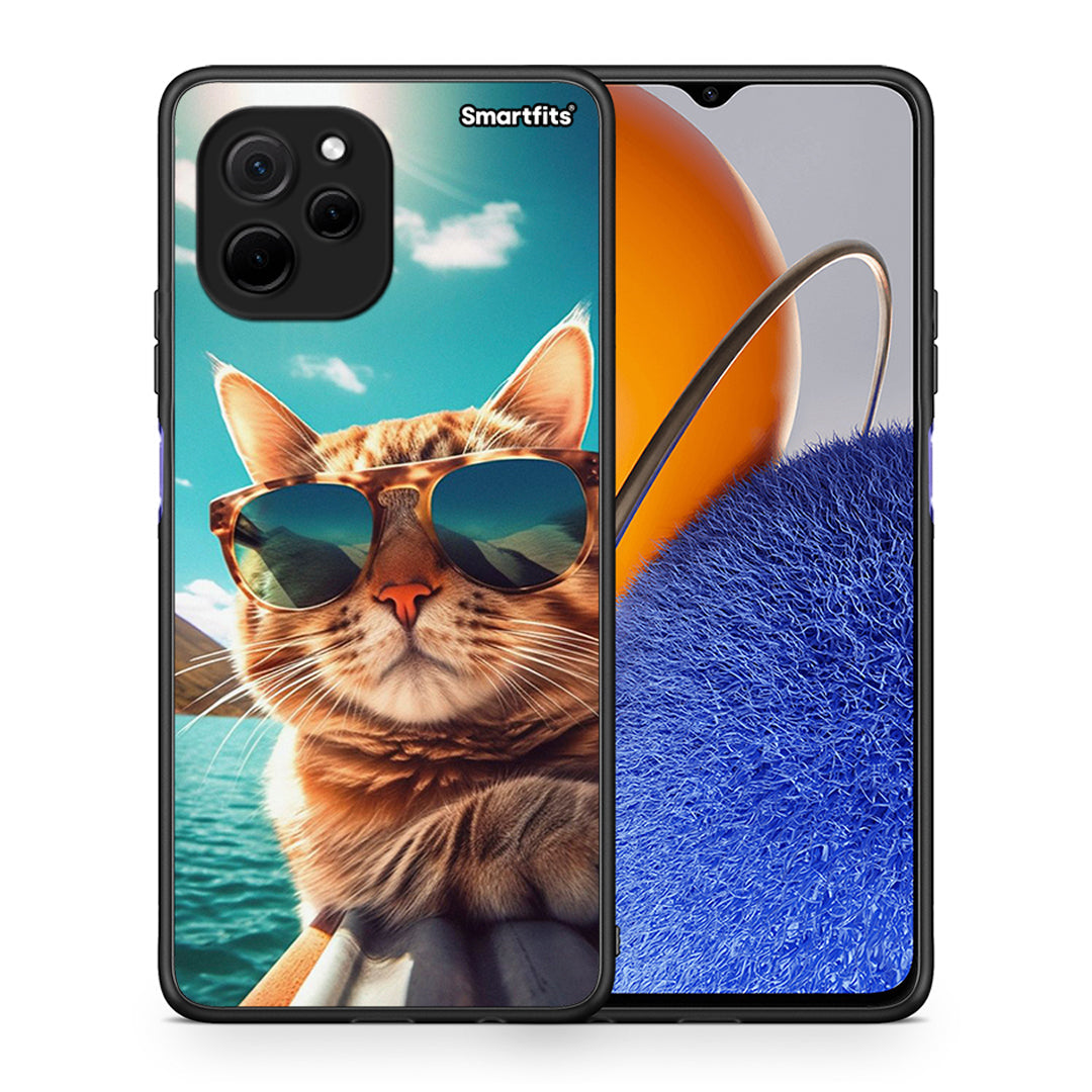 Θήκη Huawei Nova Y61 Summer Cat από τη Smartfits με σχέδιο στο πίσω μέρος και μαύρο περίβλημα | Huawei Nova Y61 Summer Cat Case with Colorful Back and Black Bezels