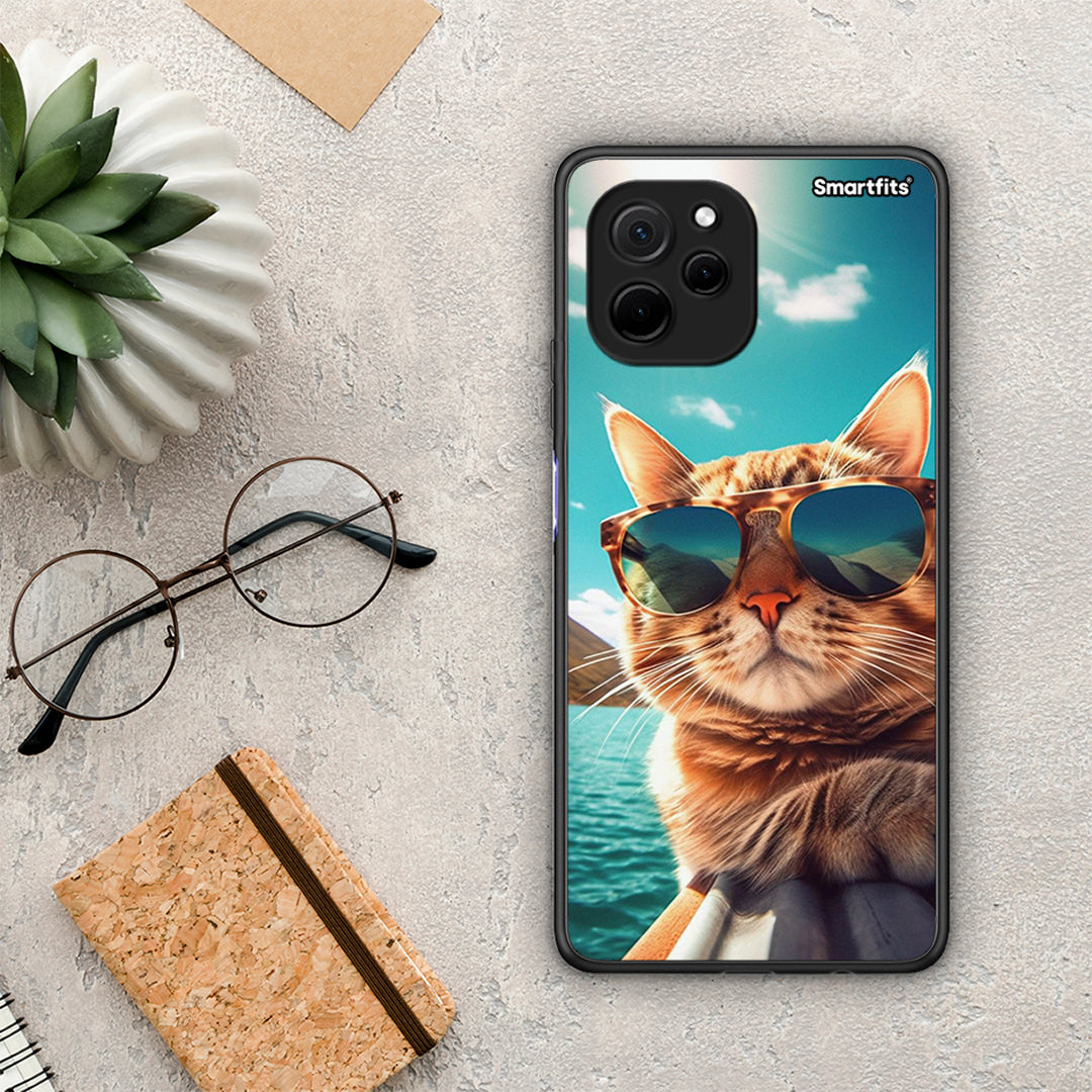 Θήκη Huawei Nova Y61 Summer Cat από τη Smartfits με σχέδιο στο πίσω μέρος και μαύρο περίβλημα | Huawei Nova Y61 Summer Cat Case with Colorful Back and Black Bezels