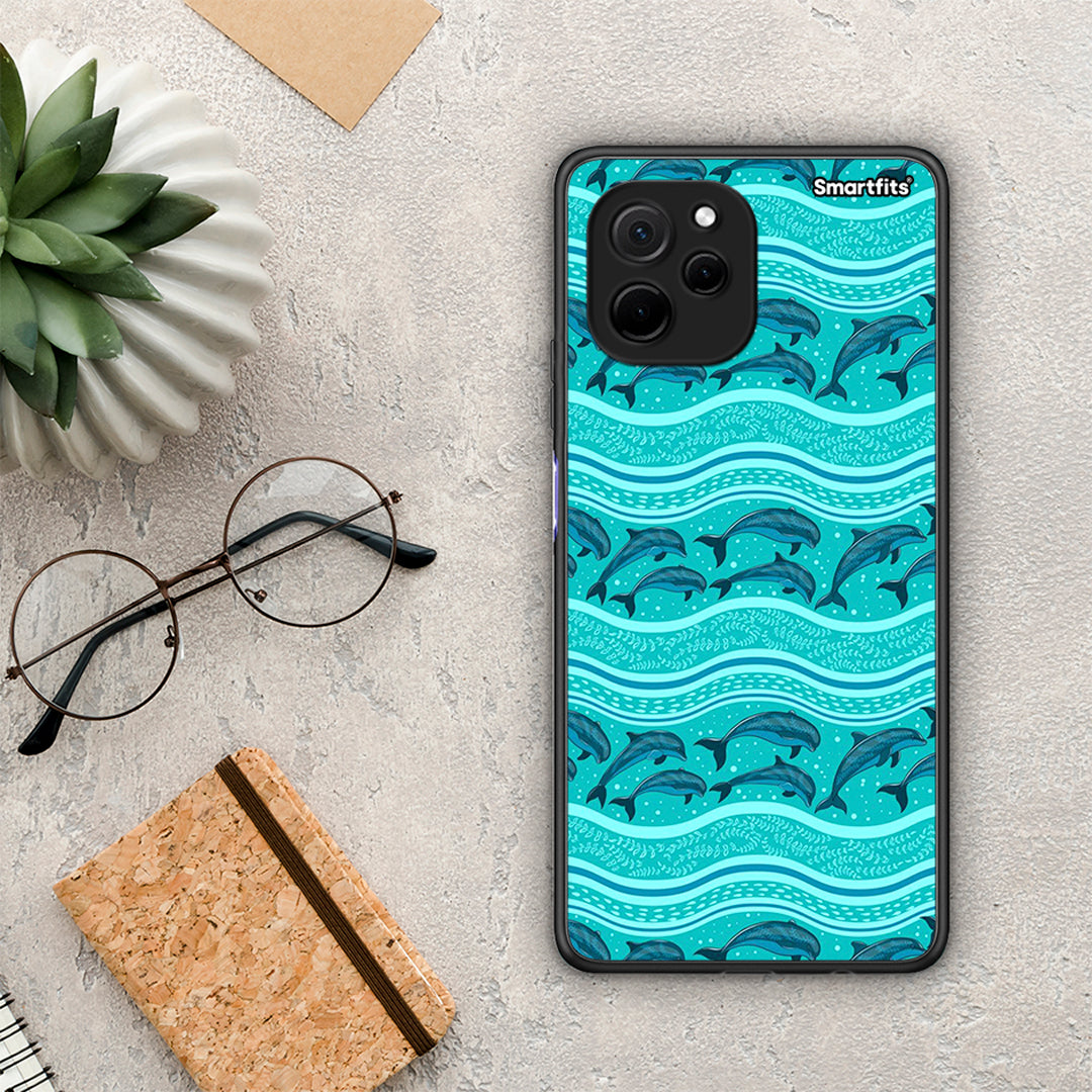 Θήκη Huawei Nova Y61 Swimming Dolphins από τη Smartfits με σχέδιο στο πίσω μέρος και μαύρο περίβλημα | Huawei Nova Y61 Swimming Dolphins Case with Colorful Back and Black Bezels