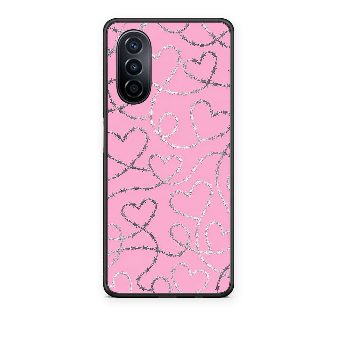 Θήκη Huawei Nova Y70 / Y70 Plus Barbed Wire Hearts on Pink από τη Smartfits με σχέδιο στο πίσω μέρος και μαύρο περίβλημα | Huawei Nova Y70 / Y70 Plus Barbed Wire Hearts on Pink case with colorful back and black bezels