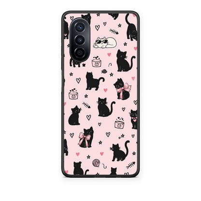 Θήκη Huawei Nova Y70 / Y70 Plus Black Cat Doodles on Pink από τη Smartfits με σχέδιο στο πίσω μέρος και μαύρο περίβλημα | Huawei Nova Y70 / Y70 Plus Black Cat Doodles on Pink case with colorful back and black bezels
