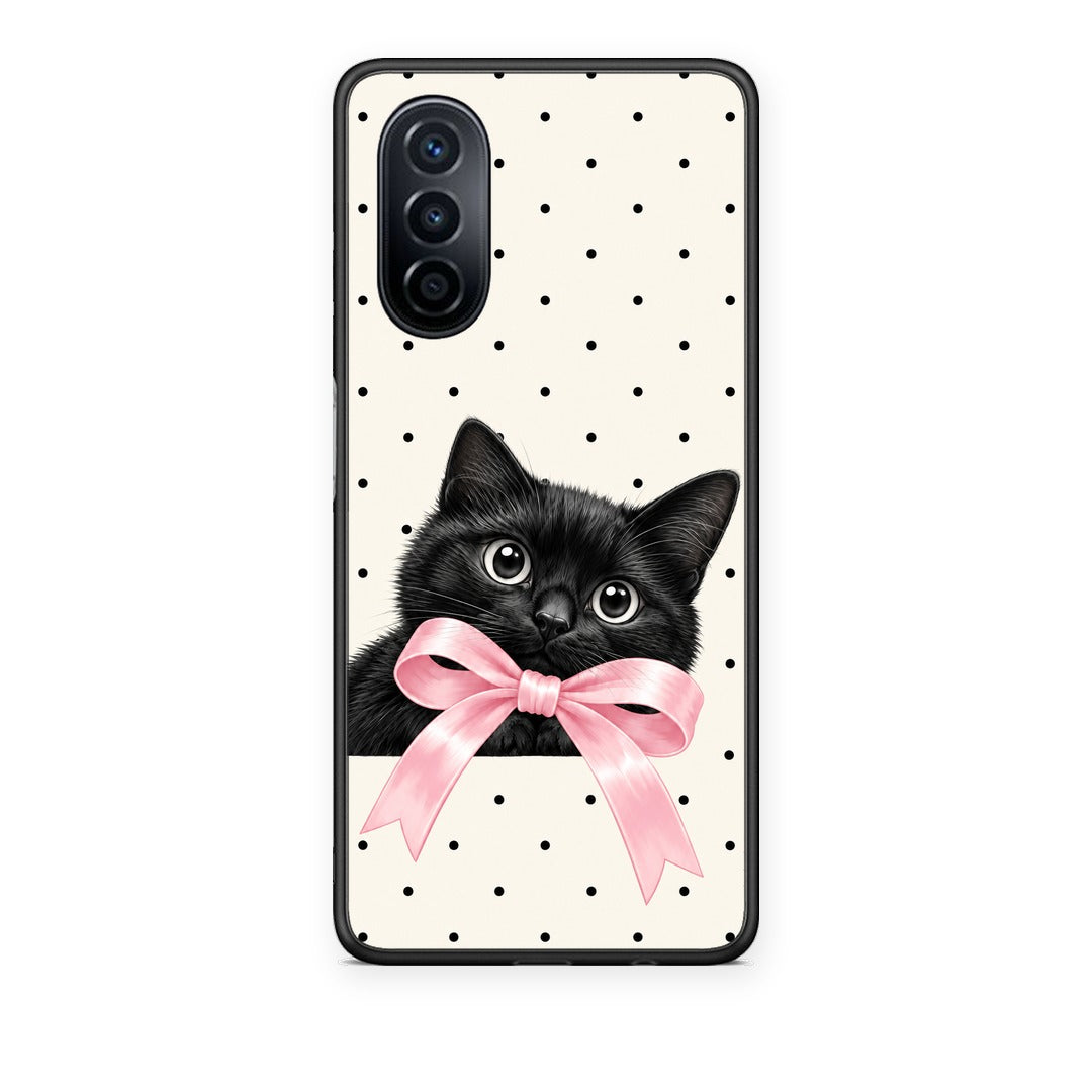 Θήκη Huawei Nova Y70 / Y70 Plus Black Kitten Pink Bow and Polka Dots από τη Smartfits με σχέδιο στο πίσω μέρος και μαύρο περίβλημα | Huawei Nova Y70 / Y70 Plus Black Kitten Pink Bow and Polka Dots case with colorful back and black bezels