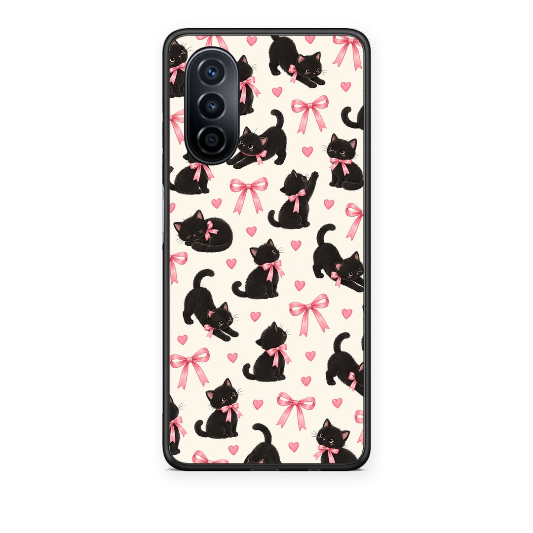 Θήκη Huawei Nova Y70 / Y70 Plus Black Kittens and Pink Bows on Cream Small από τη Smartfits με σχέδιο στο πίσω μέρος και μαύρο περίβλημα | Huawei Nova Y70 / Y70 Plus Black Kittens and Pink Bows on Cream Small case with colorful back and black bezels