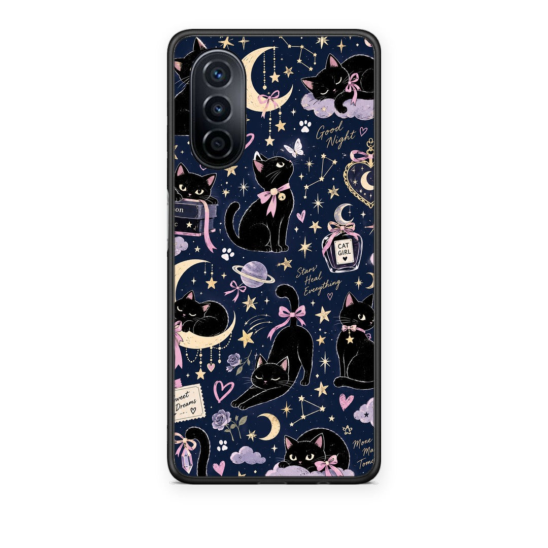 Θήκη Huawei Nova Y70 / Y70 Plus Celestial Black Cats on Navy από τη Smartfits με σχέδιο στο πίσω μέρος και μαύρο περίβλημα | Huawei Nova Y70 / Y70 Plus Celestial Black Cats on Navy case with colorful back and black bezels