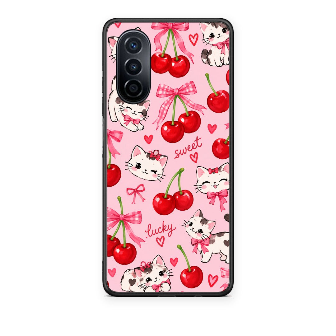 Θήκη Huawei Nova Y70 / Y70 Plus Cherries Bows and Kittens on Pink από τη Smartfits με σχέδιο στο πίσω μέρος και μαύρο περίβλημα | Huawei Nova Y70 / Y70 Plus Cherries Bows and Kittens on Pink case with colorful back and black bezels