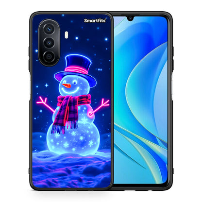Θήκη Huawei Nova Y70 Christmas Neon Snowman από τη Smartfits με σχέδιο στο πίσω μέρος και μαύρο περίβλημα | Huawei Nova Y70 Christmas Neon Snowman case with colorful back and black bezels