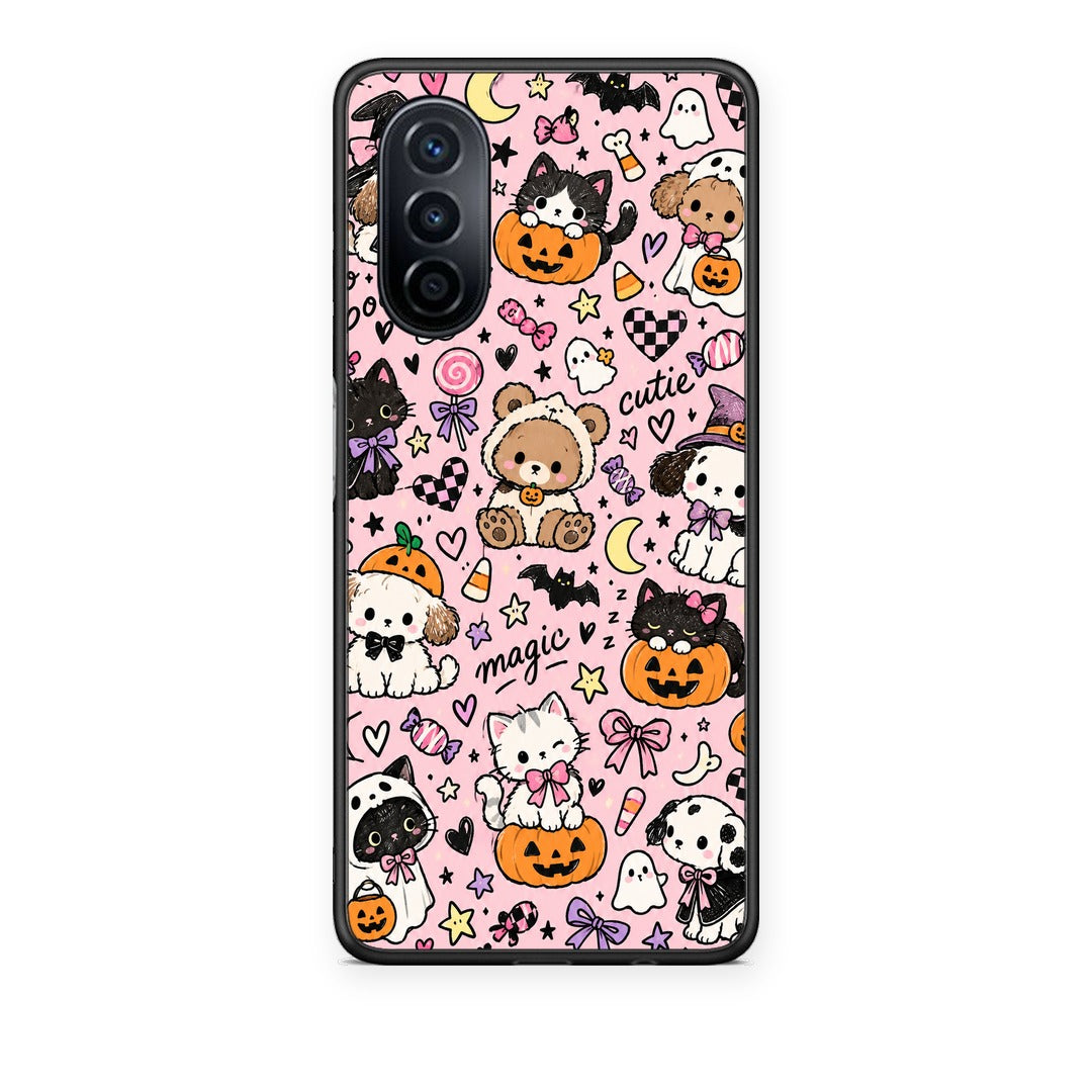 Θήκη Huawei Nova Y70 / Y70 Plus Halloween Cute Animals on Pink από τη Smartfits με σχέδιο στο πίσω μέρος και μαύρο περίβλημα | Huawei Nova Y70 / Y70 Plus Halloween Cute Animals on Pink case with colorful back and black bezels