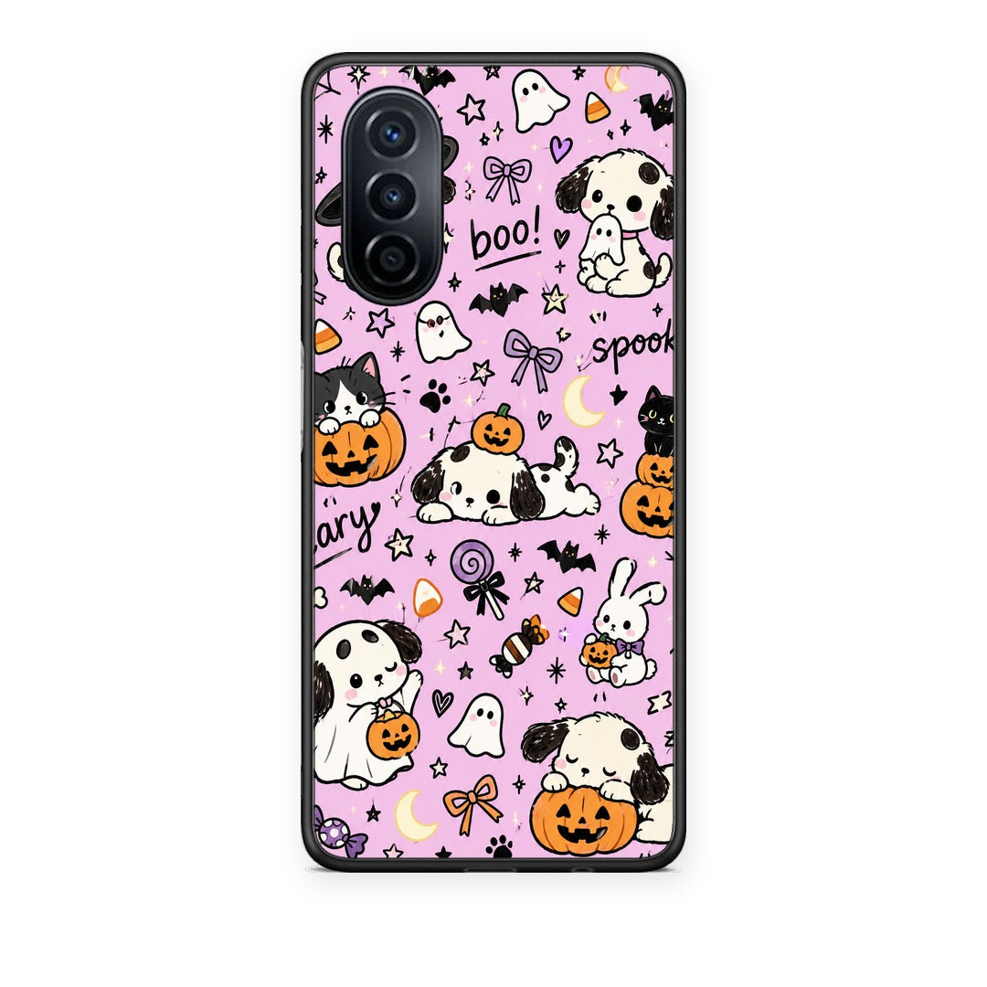 Θήκη Huawei Nova Y70 / Y70 Plus Halloween Puppies and Friends on Lilac από τη Smartfits με σχέδιο στο πίσω μέρος και μαύρο περίβλημα | Huawei Nova Y70 / Y70 Plus Halloween Puppies and Friends on Lilac case with colorful back and black bezels