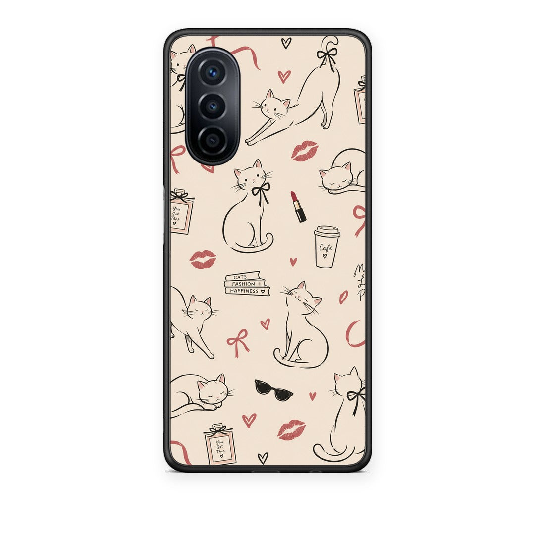 Θήκη Huawei Nova Y70 / Y70 Plus Minimal Cat and Fashion Doodles on Cream από τη Smartfits με σχέδιο στο πίσω μέρος και μαύρο περίβλημα | Huawei Nova Y70 / Y70 Plus Minimal Cat and Fashion Doodles on Cream case with colorful back and black bezels