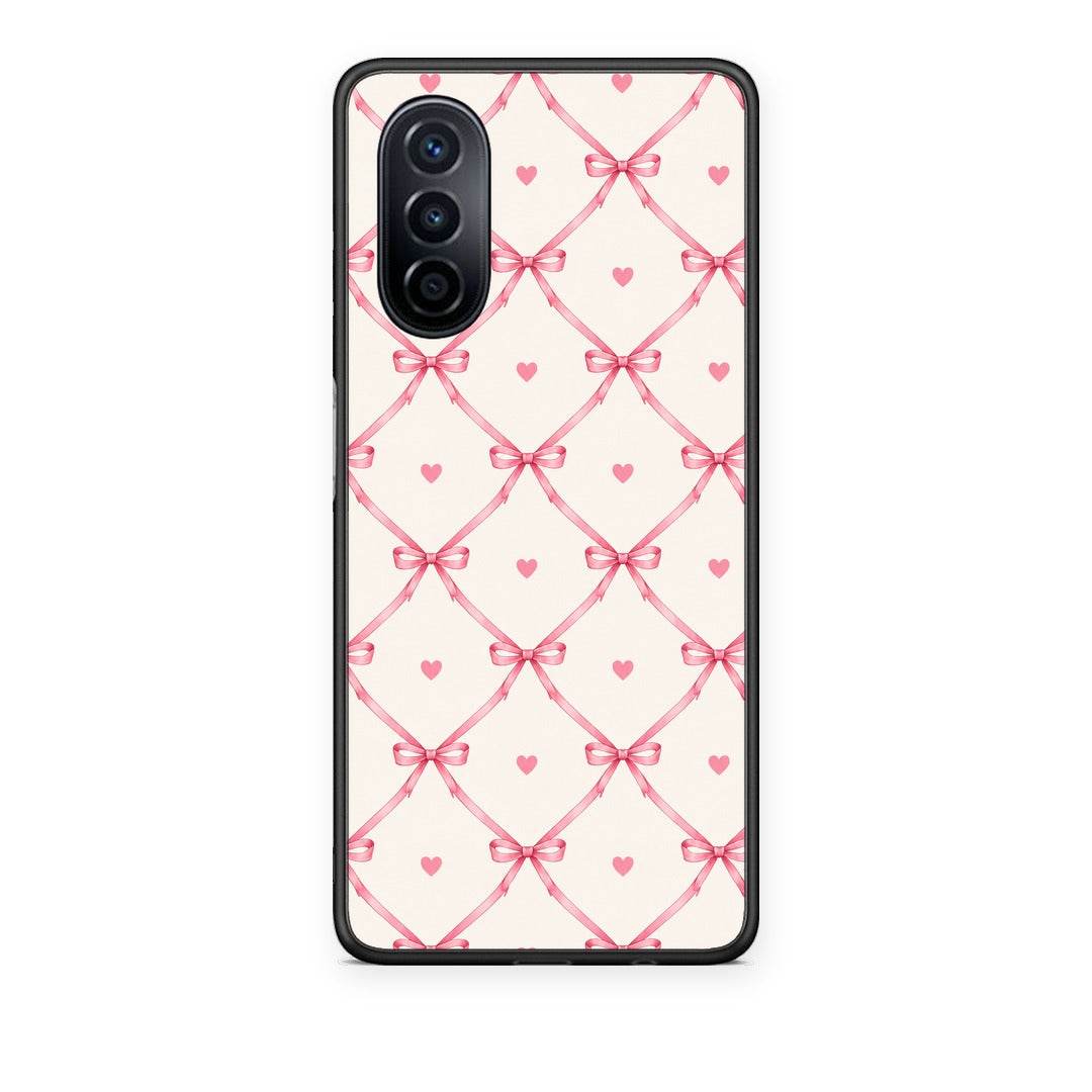Θήκη Huawei Nova Y70 / Y70 Plus Pink Bow Lattice and Hearts on Cream από τη Smartfits με σχέδιο στο πίσω μέρος και μαύρο περίβλημα | Huawei Nova Y70 / Y70 Plus Pink Bow Lattice and Hearts on Cream case with colorful back and black bezels