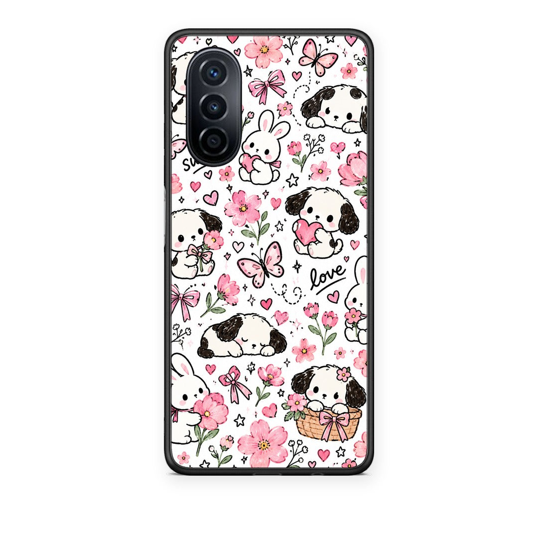 Θήκη Huawei Nova Y70 / Y70 Plus Pink Florals Puppies and Bunnies on White από τη Smartfits με σχέδιο στο πίσω μέρος και μαύρο περίβλημα | Huawei Nova Y70 / Y70 Plus Pink Florals Puppies and Bunnies on White case with colorful back and black bezels