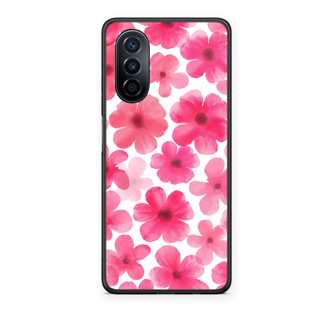Θήκη Huawei Nova Y70 / Y70 Plus Pink Watercolour Flowers on White από τη Smartfits με σχέδιο στο πίσω μέρος και μαύρο περίβλημα | Huawei Nova Y70 / Y70 Plus Pink Watercolour Flowers on White case with colorful back and black bezels