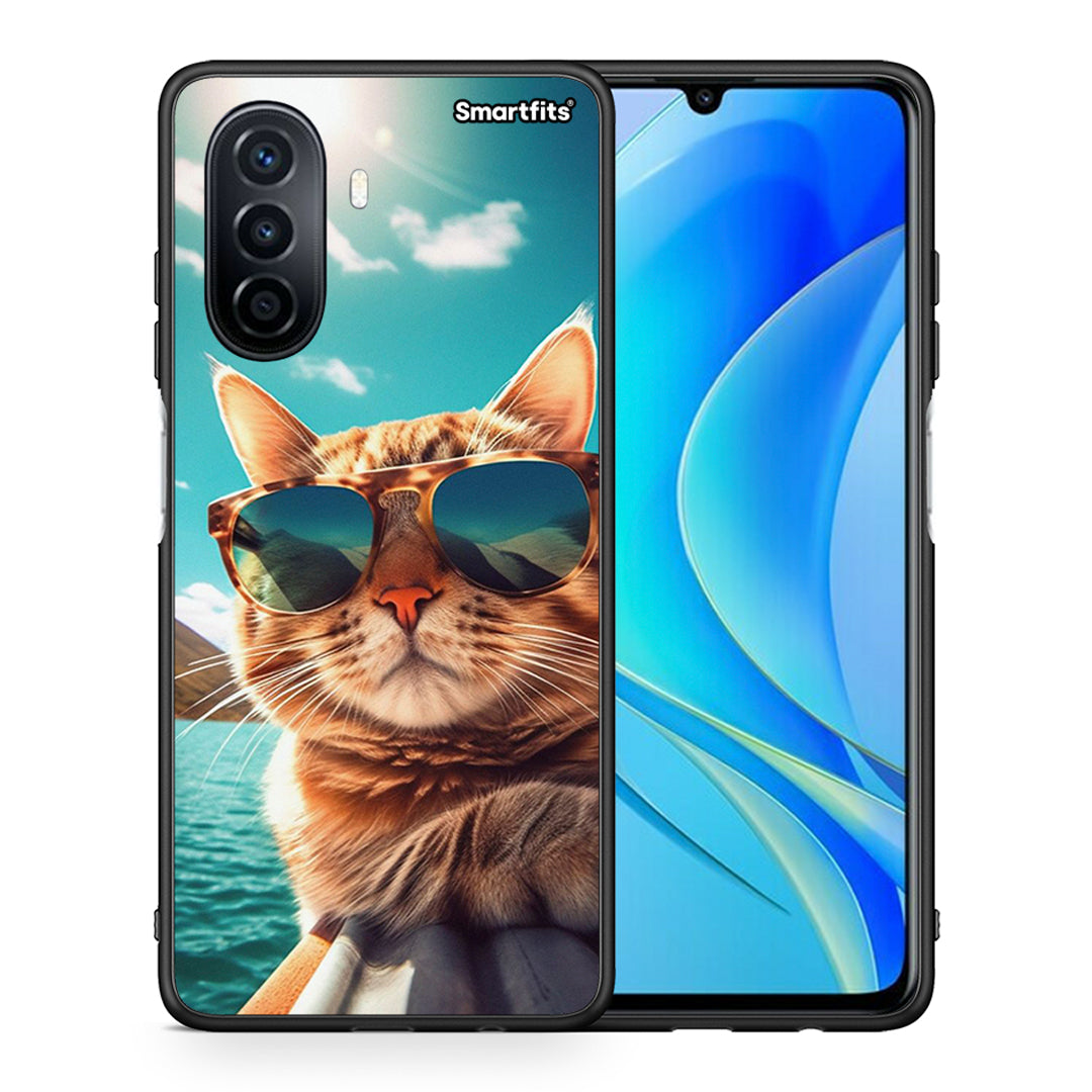 Θήκη Huawei Nova Y70 Summer Cat από τη Smartfits με σχέδιο στο πίσω μέρος και μαύρο περίβλημα | Huawei Nova Y70 Summer Cat case with colorful back and black bezels