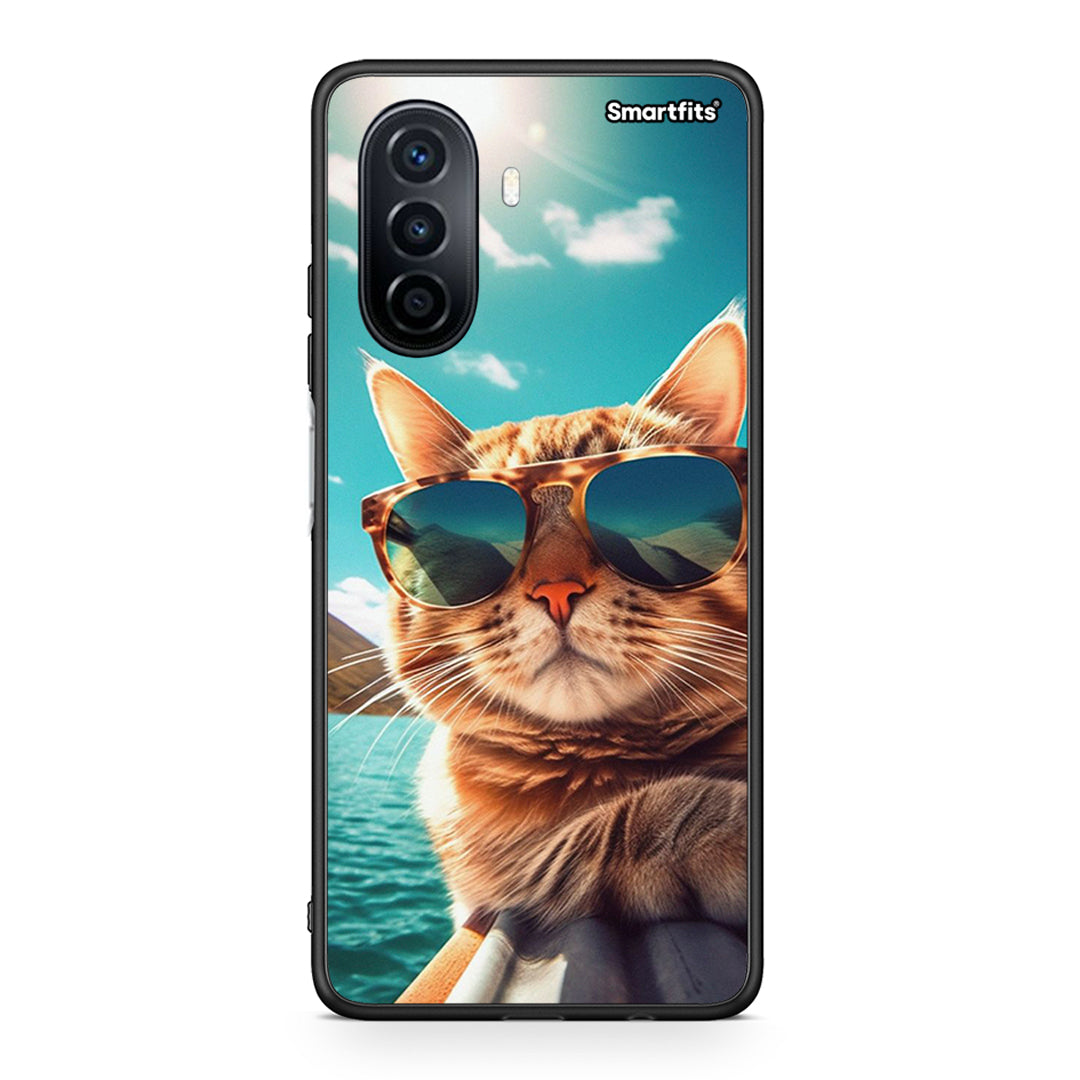 Huawei Nova Y70 Summer Cat θήκη από τη Smartfits με σχέδιο στο πίσω μέρος και μαύρο περίβλημα | Smartphone case with colorful back and black bezels by Smartfits
