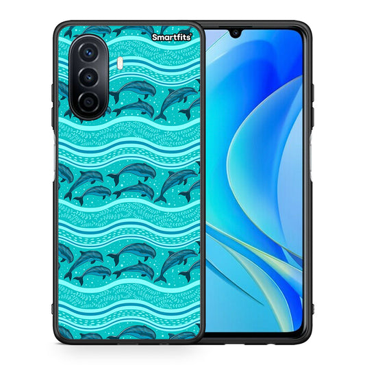 Θήκη Huawei Nova Y70 Swimming Dolphins από τη Smartfits με σχέδιο στο πίσω μέρος και μαύρο περίβλημα | Huawei Nova Y70 Swimming Dolphins case with colorful back and black bezels