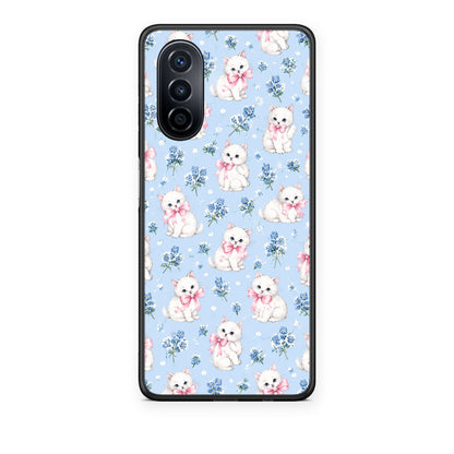 Θήκη Huawei Nova Y70 / Y70 Plus White Kittens and Blue Flowers Small από τη Smartfits με σχέδιο στο πίσω μέρος και μαύρο περίβλημα | Huawei Nova Y70 / Y70 Plus White Kittens and Blue Flowers Small case with colorful back and black bezels