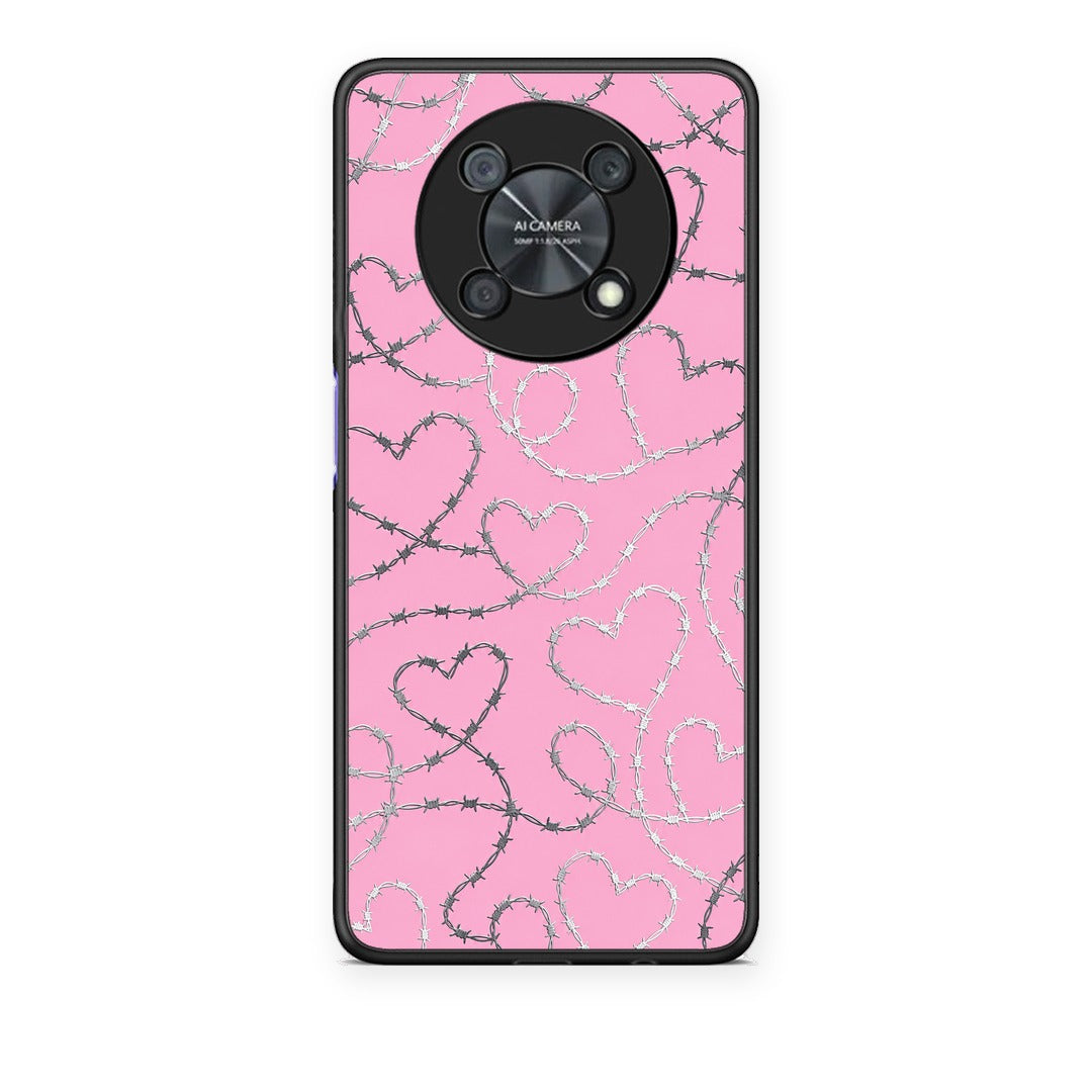 Θήκη Huawei Nova Y90 Barbed Wire Hearts on Pink από τη Smartfits με σχέδιο στο πίσω μέρος και μαύρο περίβλημα | Huawei Nova Y90 Barbed Wire Hearts on Pink case with colorful back and black bezels