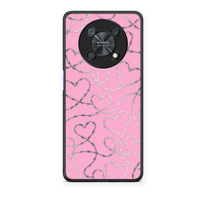 Θήκη Huawei Nova Y90 Barbed Wire Hearts on Pink από τη Smartfits με σχέδιο στο πίσω μέρος και μαύρο περίβλημα | Huawei Nova Y90 Barbed Wire Hearts on Pink case with colorful back and black bezels