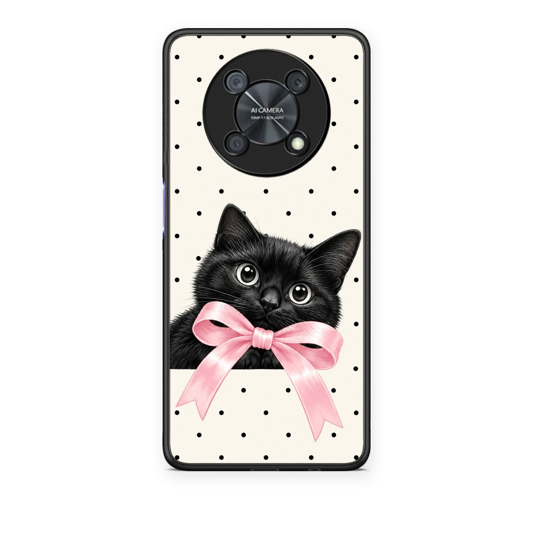 Θήκη Huawei Nova Y90 Black Kitten Pink Bow and Polka Dots από τη Smartfits με σχέδιο στο πίσω μέρος και μαύρο περίβλημα | Huawei Nova Y90 Black Kitten Pink Bow and Polka Dots case with colorful back and black bezels