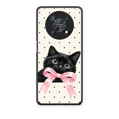 Θήκη Huawei Nova Y90 Black Kitten Pink Bow and Polka Dots από τη Smartfits με σχέδιο στο πίσω μέρος και μαύρο περίβλημα | Huawei Nova Y90 Black Kitten Pink Bow and Polka Dots case with colorful back and black bezels