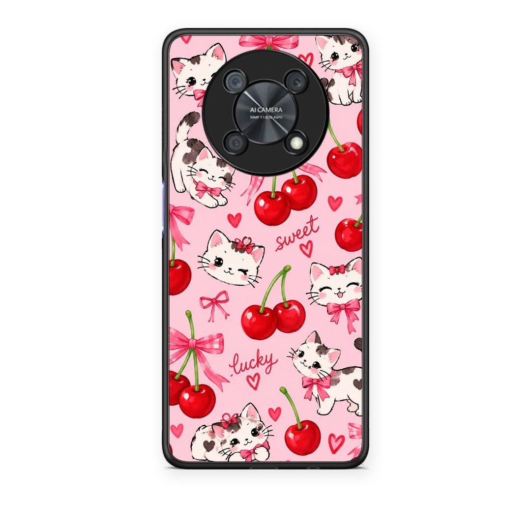 Θήκη Huawei Nova Y90 Cherries Bows and Kittens on Pink από τη Smartfits με σχέδιο στο πίσω μέρος και μαύρο περίβλημα | Huawei Nova Y90 Cherries Bows and Kittens on Pink case with colorful back and black bezels