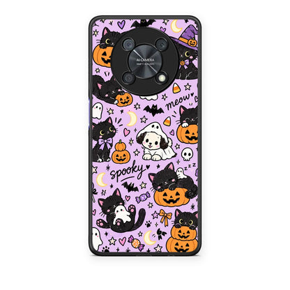 Θήκη Huawei Nova Y90 Halloween Black Cats on Lilac από τη Smartfits με σχέδιο στο πίσω μέρος και μαύρο περίβλημα | Huawei Nova Y90 Halloween Black Cats on Lilac case with colorful back and black bezels