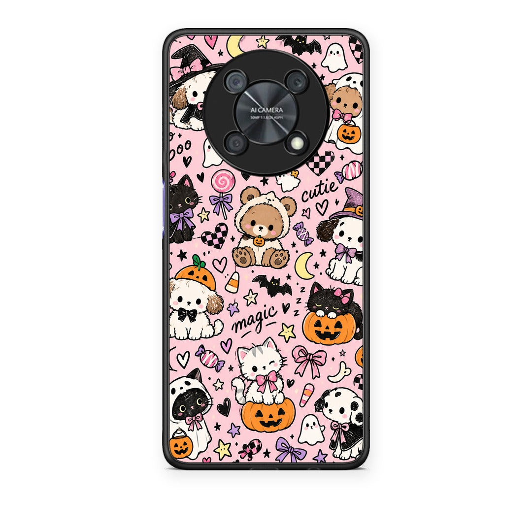 Θήκη Huawei Nova Y90 Halloween Cute Animals on Pink από τη Smartfits με σχέδιο στο πίσω μέρος και μαύρο περίβλημα | Huawei Nova Y90 Halloween Cute Animals on Pink case with colorful back and black bezels
