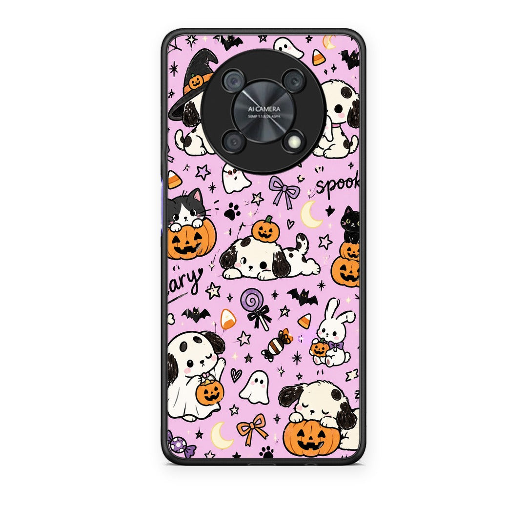 Θήκη Huawei Nova Y90 Halloween Puppies and Friends on Lilac από τη Smartfits με σχέδιο στο πίσω μέρος και μαύρο περίβλημα | Huawei Nova Y90 Halloween Puppies and Friends on Lilac case with colorful back and black bezels