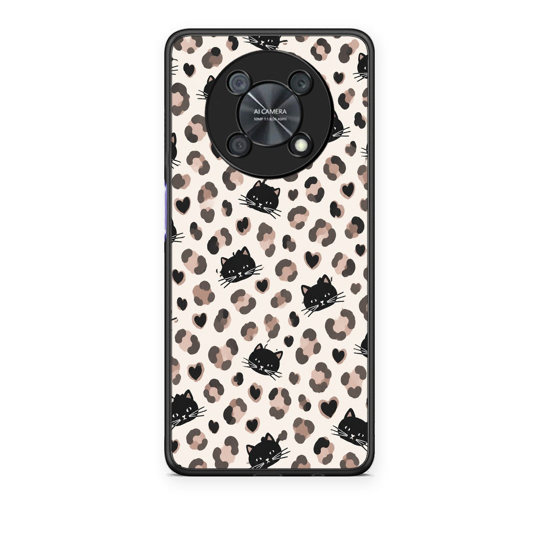 Θήκη Huawei Nova Y90 Leopard Spots and Black Cats on Cream από τη Smartfits με σχέδιο στο πίσω μέρος και μαύρο περίβλημα | Huawei Nova Y90 Leopard Spots and Black Cats on Cream case with colorful back and black bezels