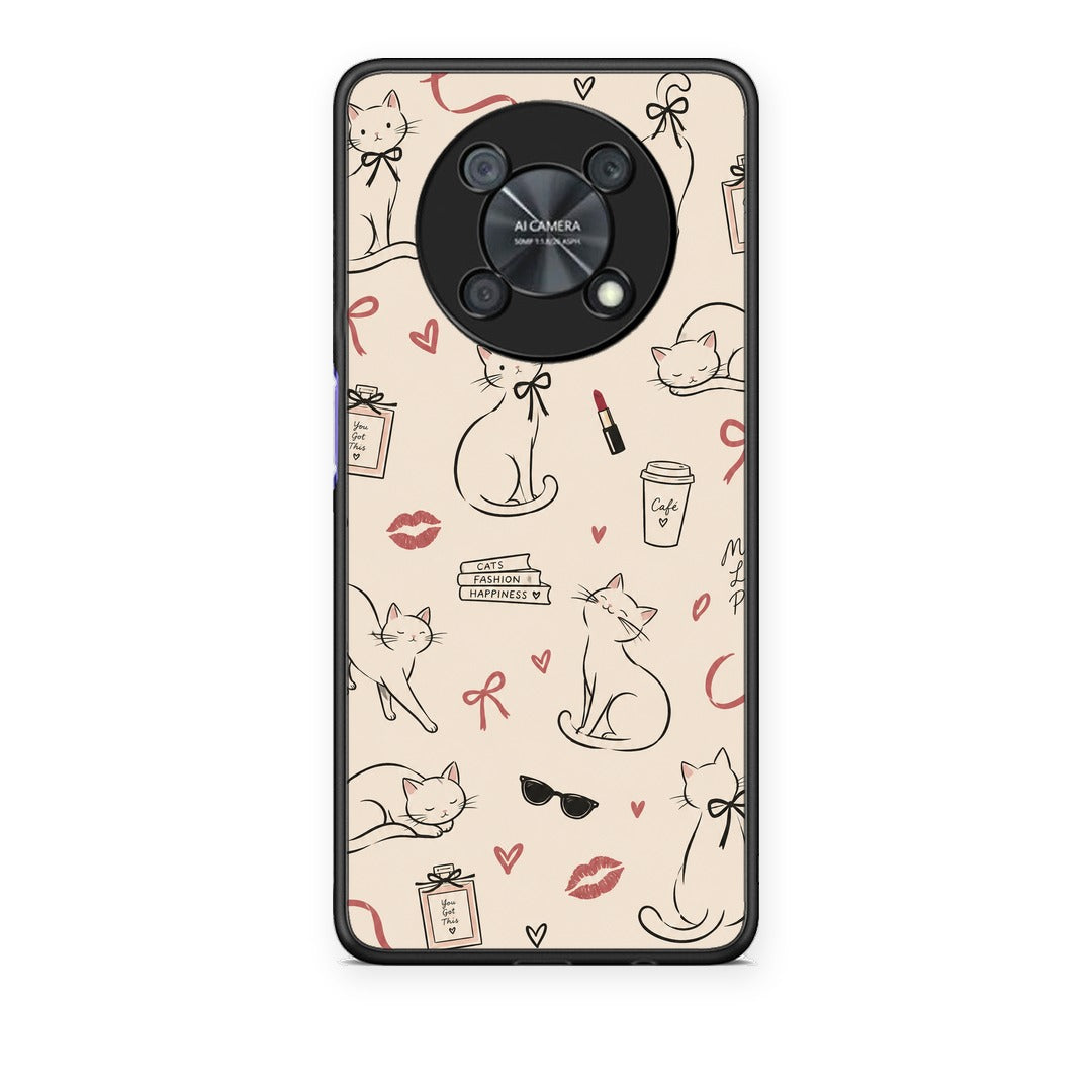 Θήκη Huawei Nova Y90 Minimal Cat and Fashion Doodles on Cream από τη Smartfits με σχέδιο στο πίσω μέρος και μαύρο περίβλημα | Huawei Nova Y90 Minimal Cat and Fashion Doodles on Cream case with colorful back and black bezels