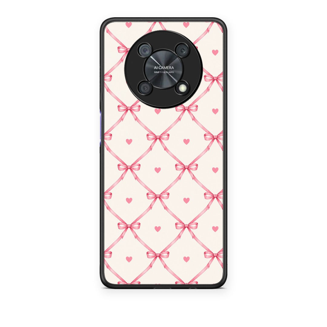 Θήκη Huawei Nova Y90 Pink Bow Lattice and Hearts on Cream από τη Smartfits με σχέδιο στο πίσω μέρος και μαύρο περίβλημα | Huawei Nova Y90 Pink Bow Lattice and Hearts on Cream case with colorful back and black bezels