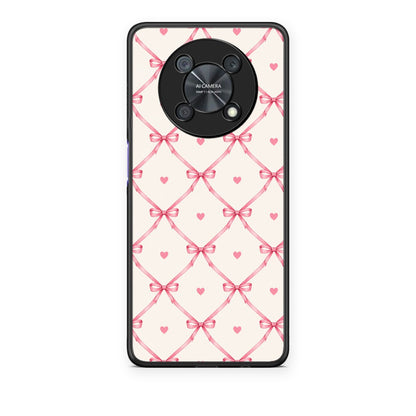 Θήκη Huawei Nova Y90 Pink Bow Lattice and Hearts on Cream από τη Smartfits με σχέδιο στο πίσω μέρος και μαύρο περίβλημα | Huawei Nova Y90 Pink Bow Lattice and Hearts on Cream case with colorful back and black bezels