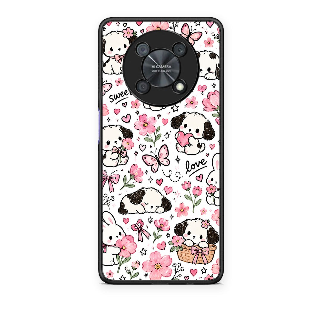 Θήκη Huawei Nova Y90 Pink Florals Puppies and Bunnies on White από τη Smartfits με σχέδιο στο πίσω μέρος και μαύρο περίβλημα | Huawei Nova Y90 Pink Florals Puppies and Bunnies on White case with colorful back and black bezels