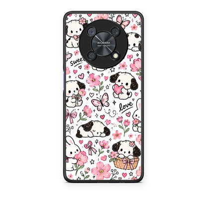 Θήκη Huawei Nova Y90 Pink Florals Puppies and Bunnies on White από τη Smartfits με σχέδιο στο πίσω μέρος και μαύρο περίβλημα | Huawei Nova Y90 Pink Florals Puppies and Bunnies on White case with colorful back and black bezels