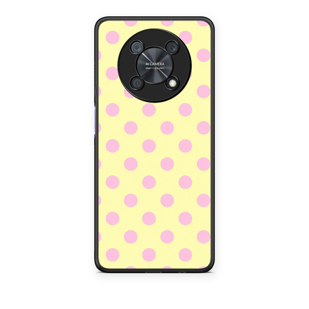 Θήκη Huawei Nova Y90 Pink Polka Dots on Yellow από τη Smartfits με σχέδιο στο πίσω μέρος και μαύρο περίβλημα | Huawei Nova Y90 Pink Polka Dots on Yellow case with colorful back and black bezels