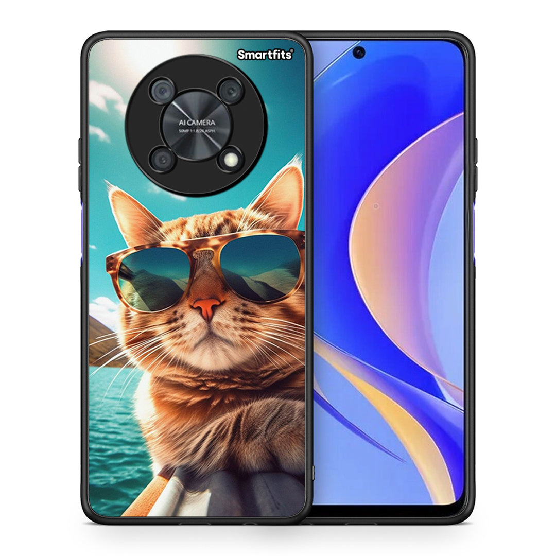 Θήκη Huawei Nova Y90 Summer Cat από τη Smartfits με σχέδιο στο πίσω μέρος και μαύρο περίβλημα | Huawei Nova Y90 Summer Cat case with colorful back and black bezels